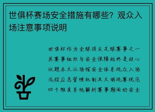 世俱杯赛场安全措施有哪些？观众入场注意事项说明