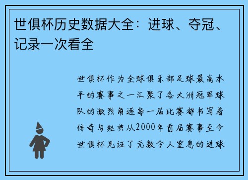 世俱杯历史数据大全：进球、夺冠、记录一次看全